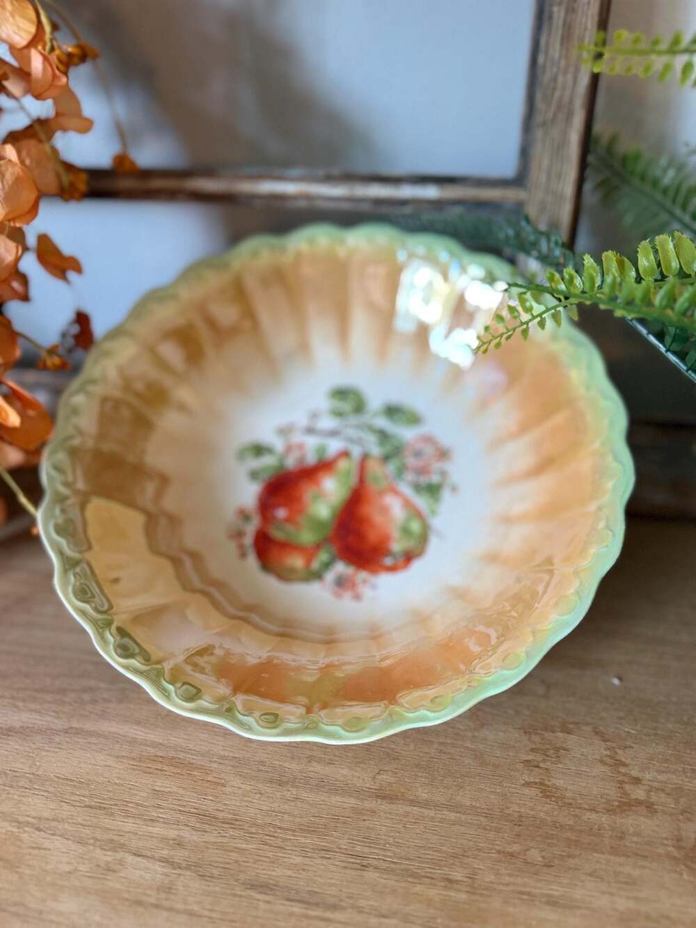 Antique Lustreware Fruit Bowl | 1920s 30s Pear Motif Iridescent Dish